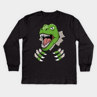 T Rex Claws Ripping Holes Dinosaur Roaring Head Kids Long Sleeve T-Shirt